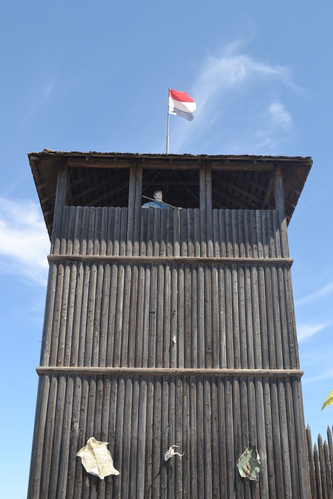 A flag on top of the Fort Cody Trading Post