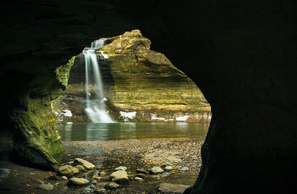 Waterfall view through the cave of Matthiessen State Park