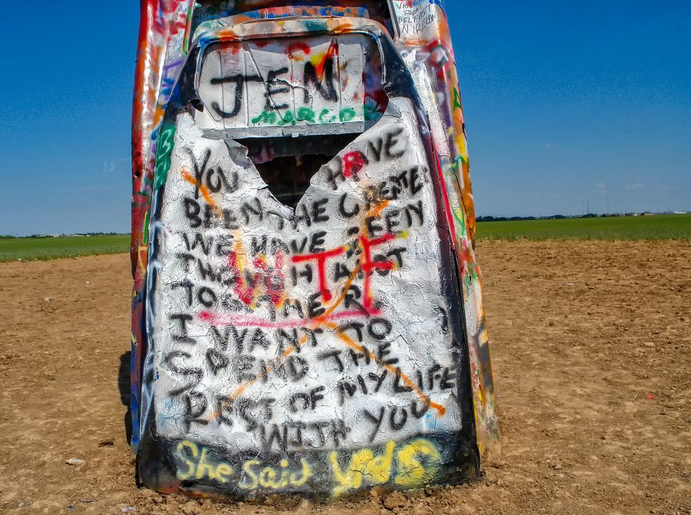 Graffiti-covered car at Cadillac Ranch