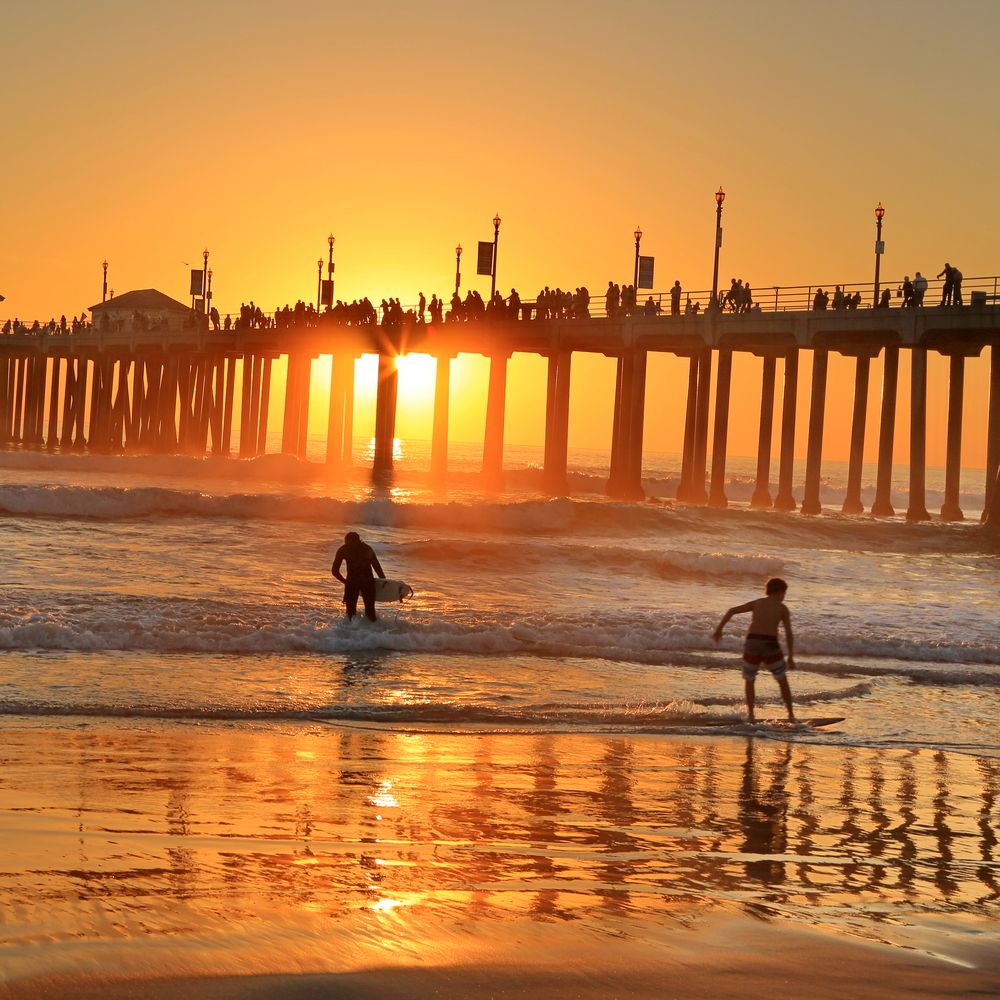 Sunset surfing at Huntington Beach
