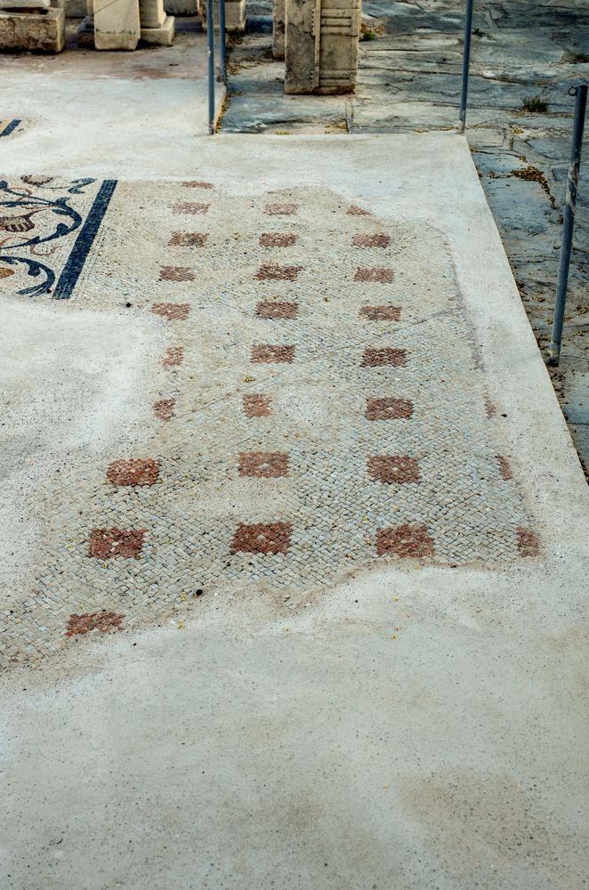 Ancient mosaic floor details in Archaeological Museum of Paros