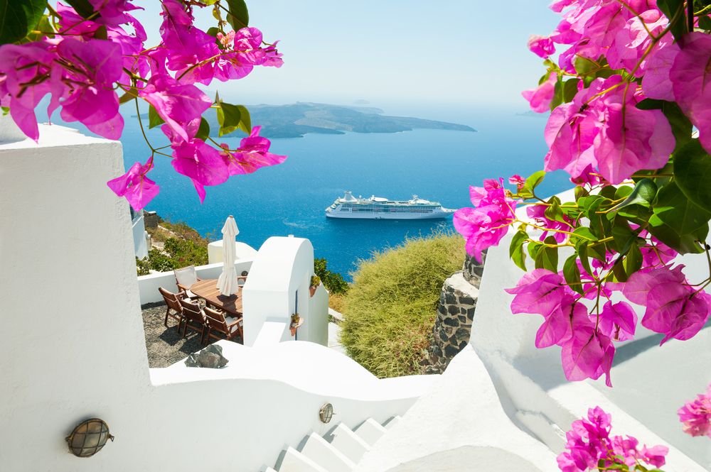 View of a ferry from a building at Santorini