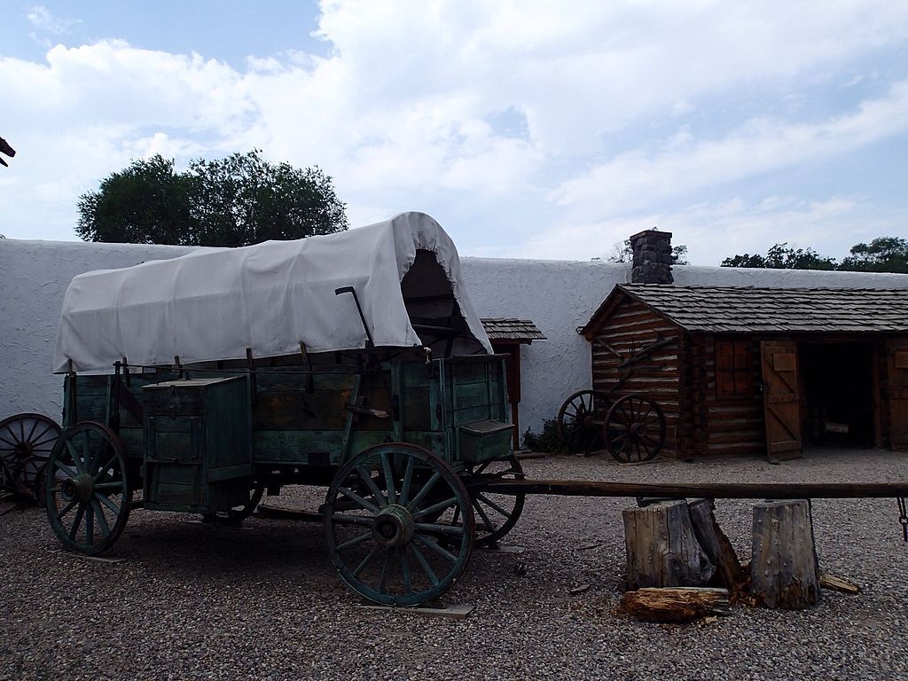 A wagon on the grounds of Fort Hall Replica