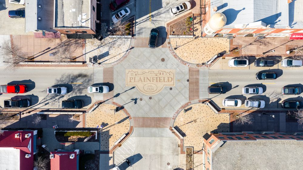 Plainfield logo on the grounds of Downtown Plainfield District