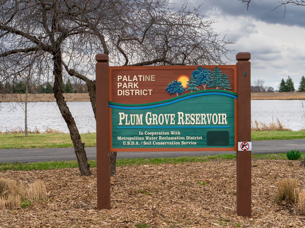 Welcome sign of Plum Grove Reservoir