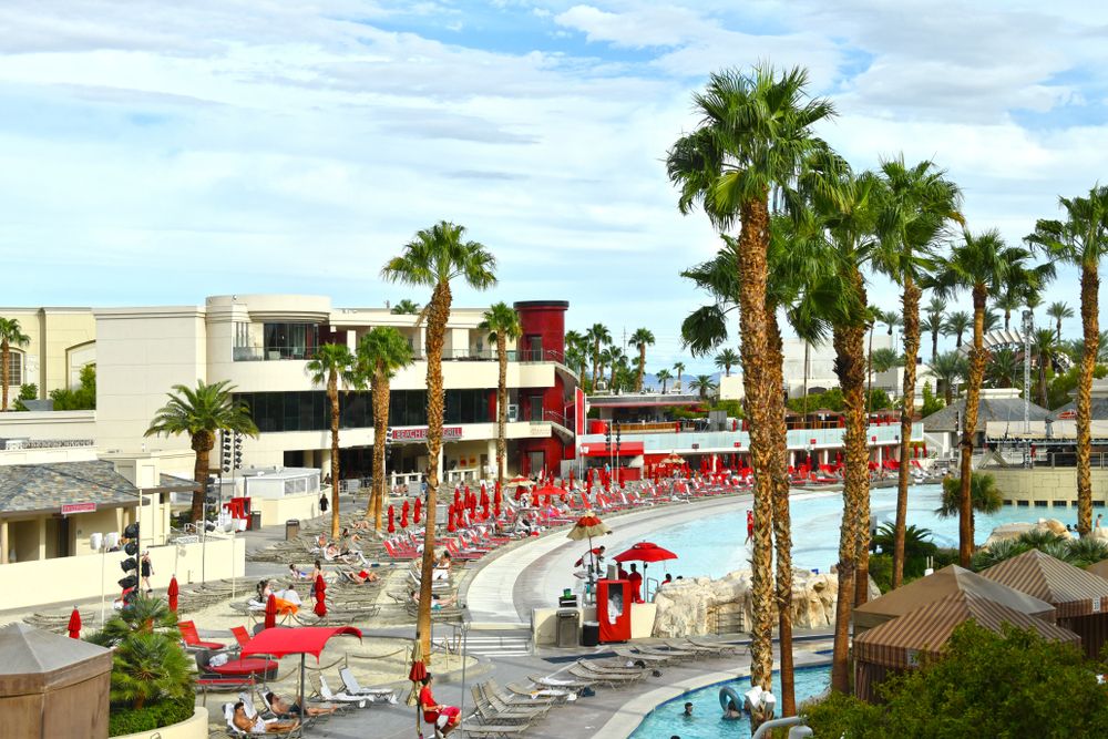Lounge chairs and umbrellas at Mandalay Bay Beach
