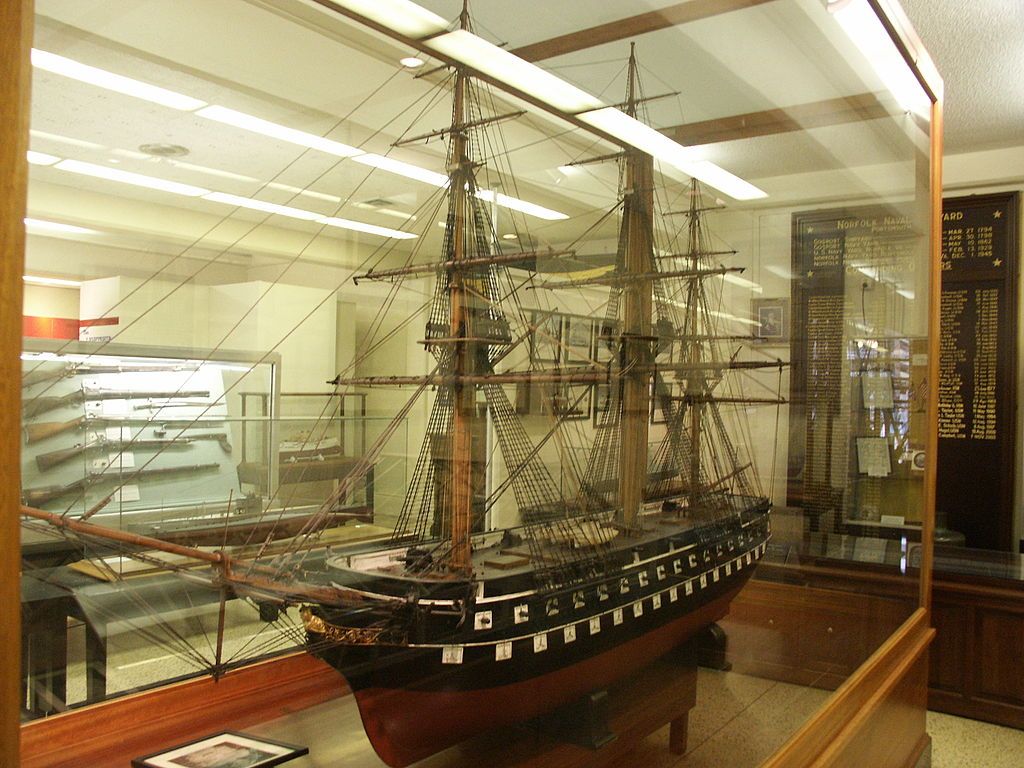 A model of a ship inside Portsmouth Naval Shipyard Museum
