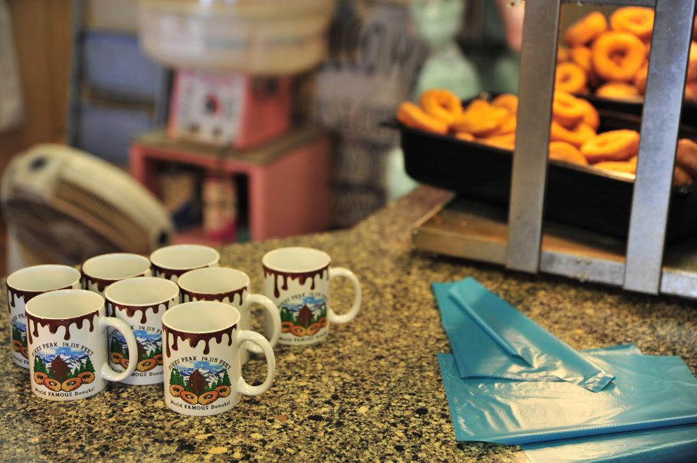 Donuts a cups of coffee in Pikes Peak Visitor Center