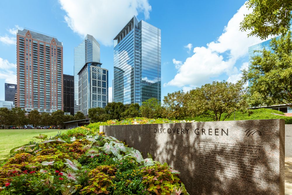 Welcome sign of Discovery Green