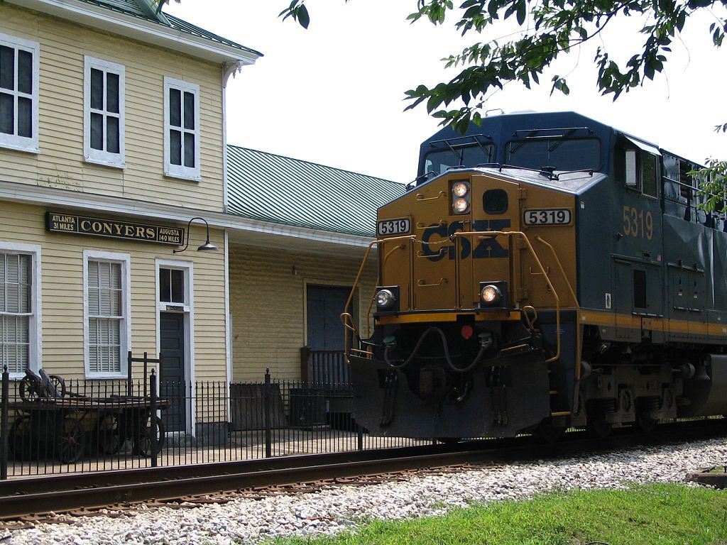 A locomotive in front of the Conyers Welcome Center
