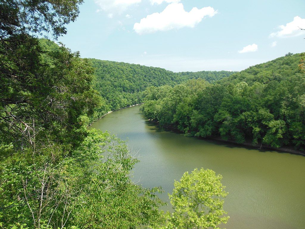 View of the river and green trees at raven run.