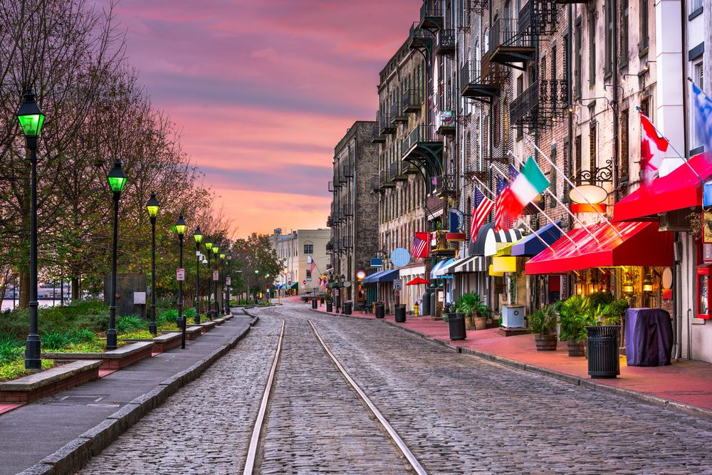 Restaurants on River Street in Savannah, Georgia.