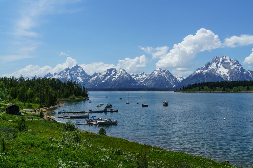 Boats on the water of Grand Teton National Park