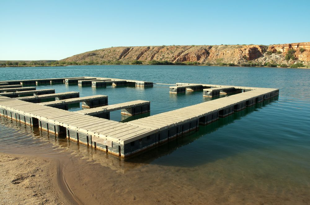 Empty boats docks on Bottomless Lakes State Park waters