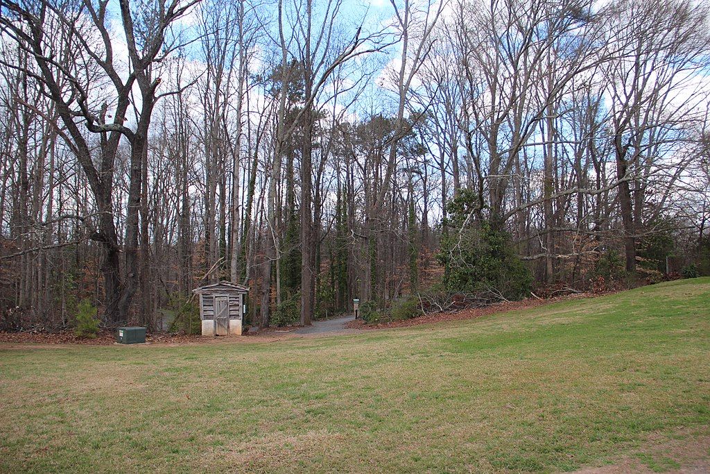 Tall trees with no leaves at the empty memorial park.
