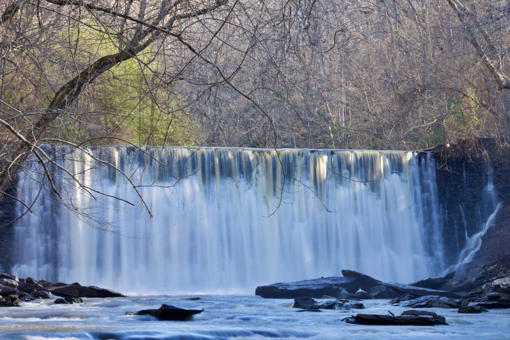 Front view of the roswell mill waterfall.