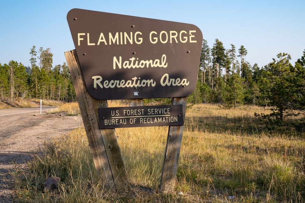 Welcome sign of Flaming Gorge National Recreation Area