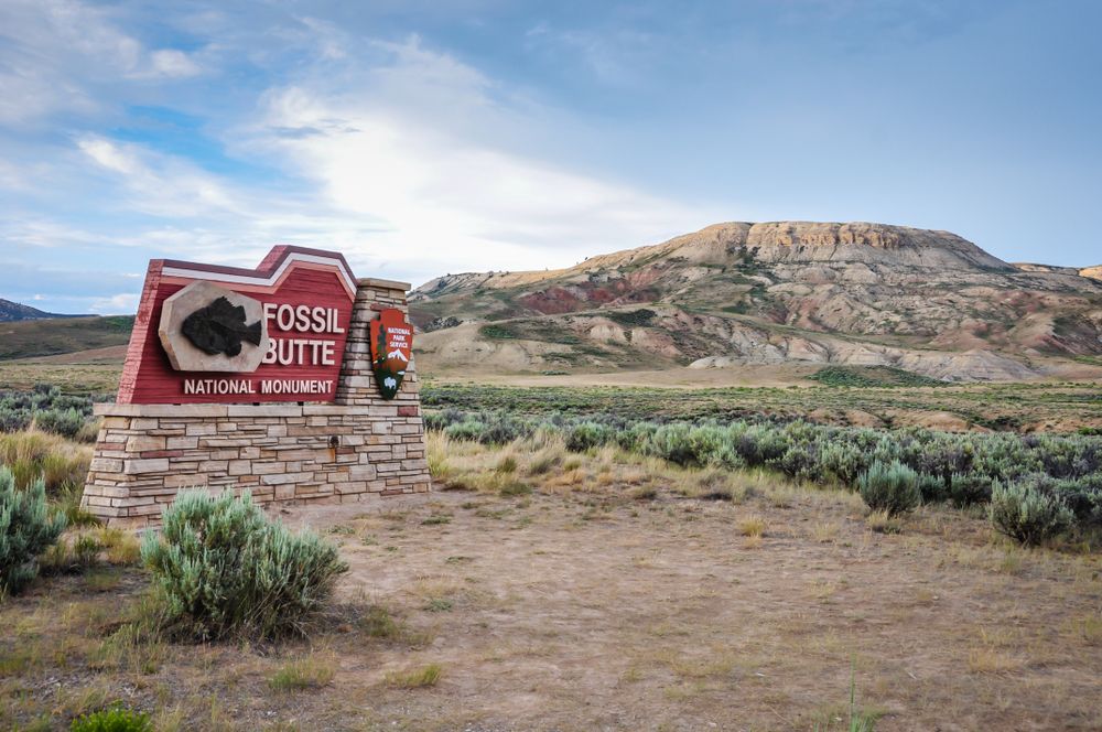 Welcome sign of Fossil Butte National Monument