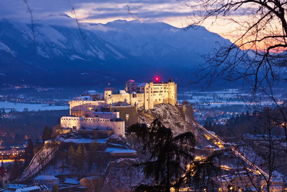 Scenic view of Fortress Hohensalzburg during sunset