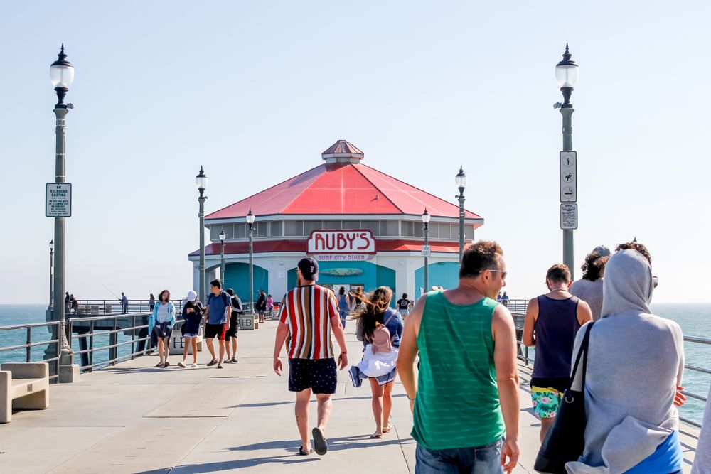 People walking along Huntington Beach Pier