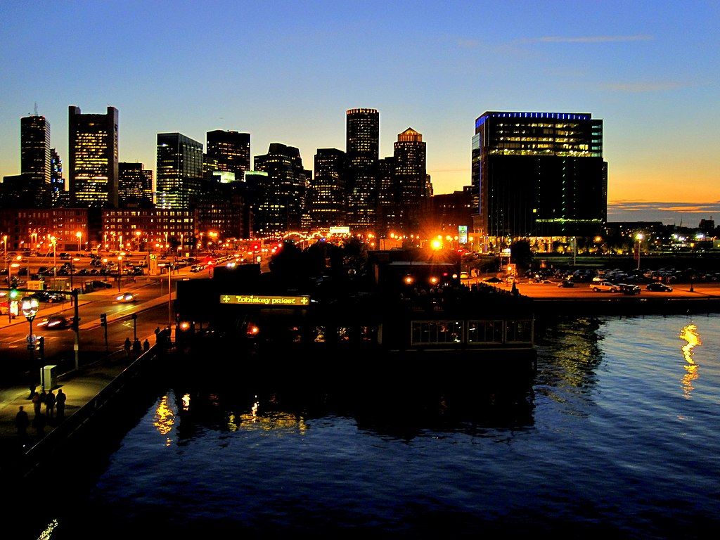 Aerial view of Seaport District at night