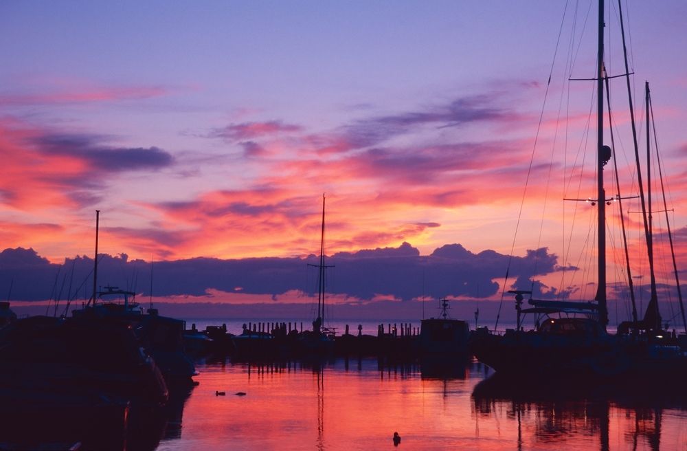 Colorful sunset over Sister Bay Marina