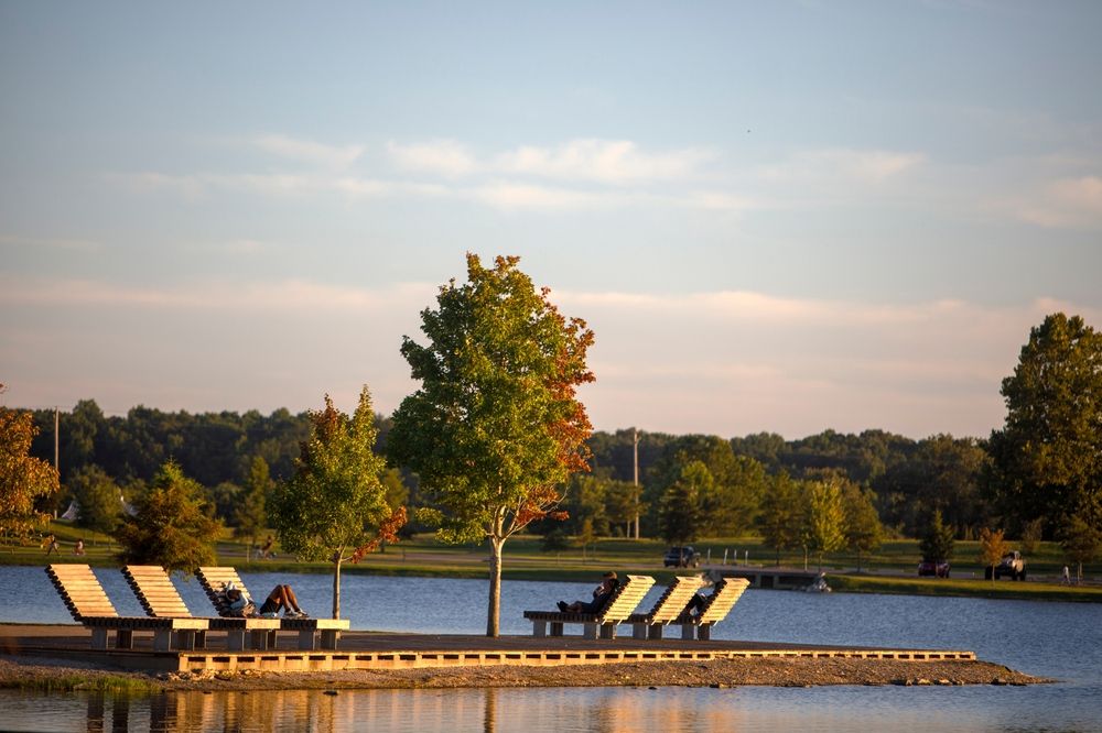 Chairs overlooking a lake at Shelby Farms Park