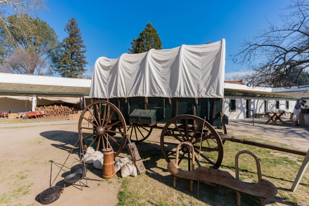 A covered wagon at Sutter’s Fort State Historic Park