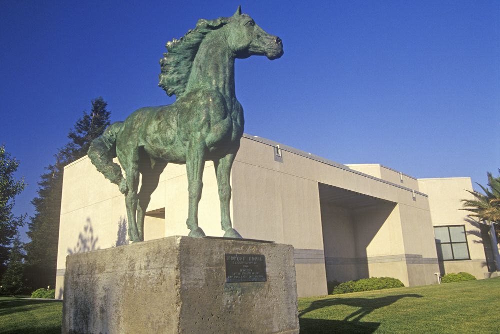 Horse sculpture in front of the the Triton Museum of Art