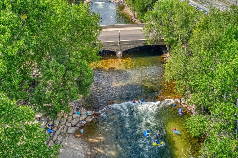 Aerial view of people Whitewater Rafting