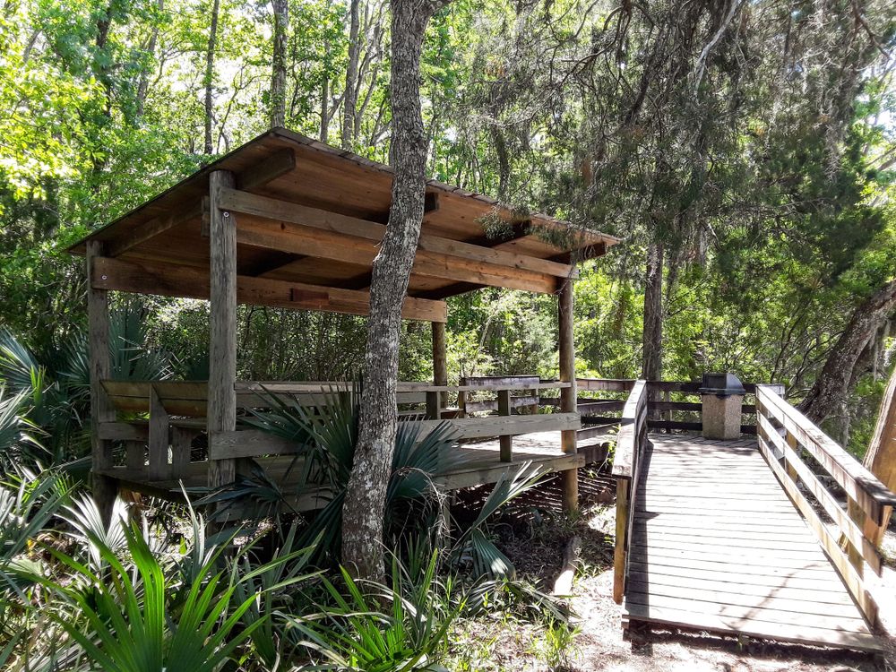 Boardwalk and picnic shed at Blakeley State Park