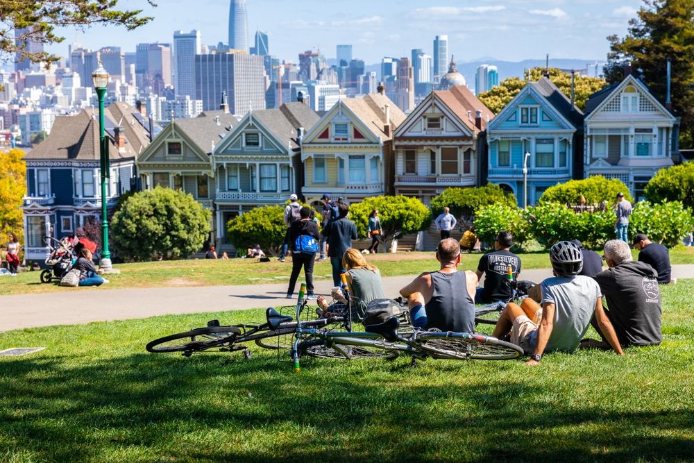 People admiring The Painted Ladies