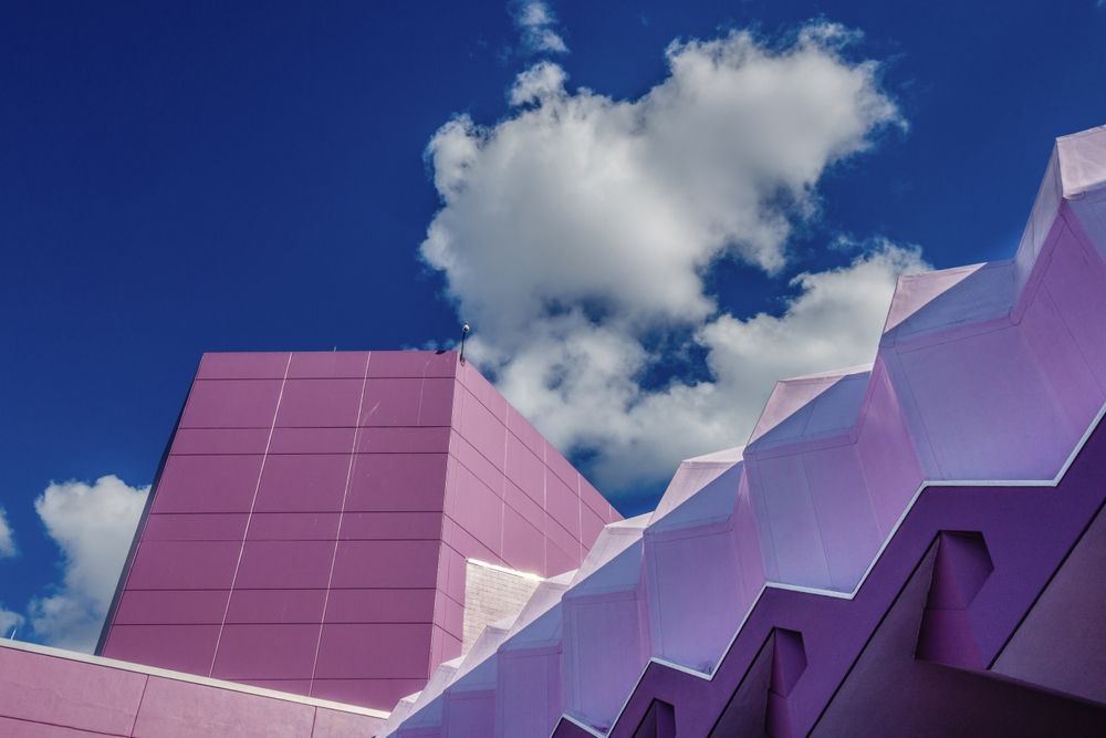 Bright-colored building of the Van Wezel Performing Arts Hall