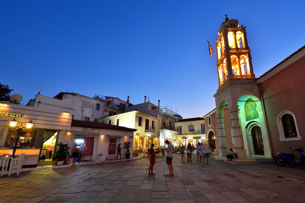 People touring around Old Town Skiathos