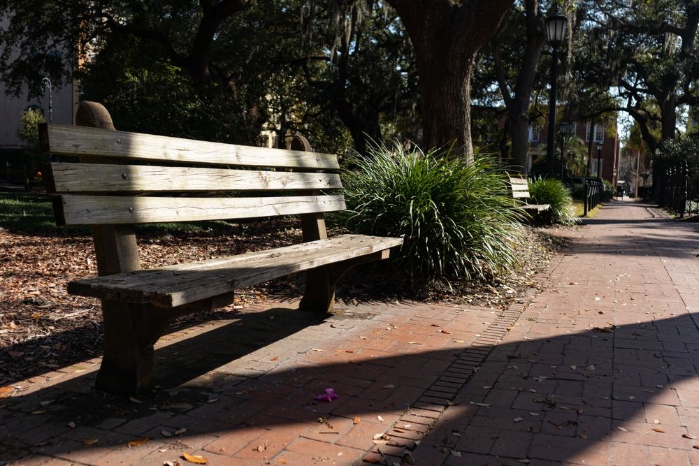 A wooden bench at Monterey Square