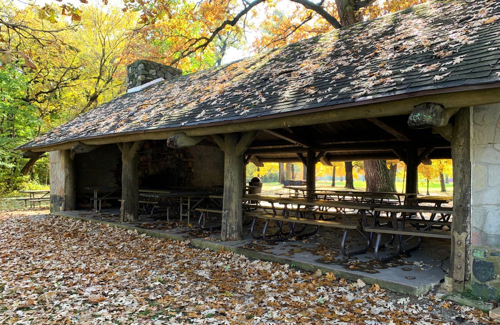 A shaded picnic area at Illini State Park