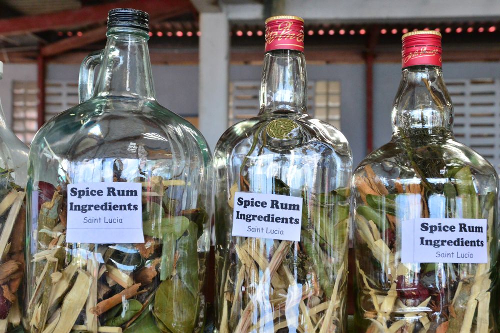 Spice rum ingredients for sale at Castries Market