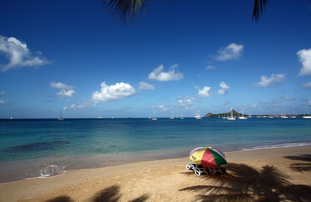 A beach umbrella on the sands of Rodney Bay