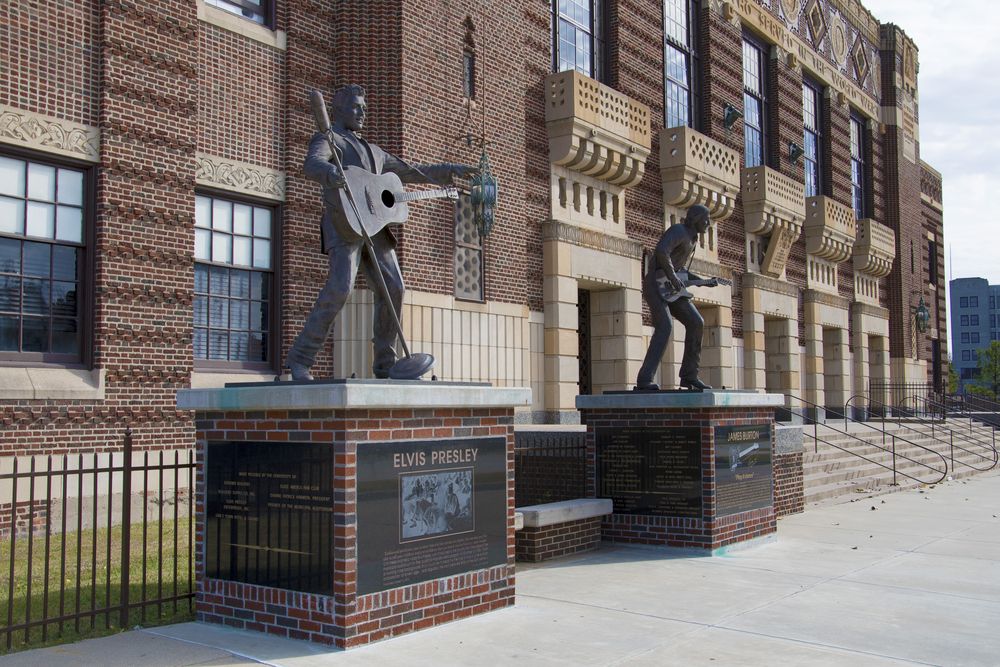 Daytime view of the Elvis Presley and James Burton Statues