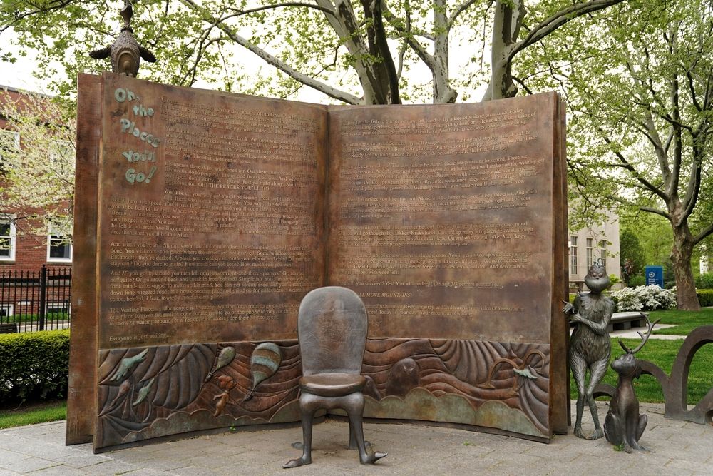 The storyteller sculpture at Dr. Seuss National Memorial Sculpture Garden