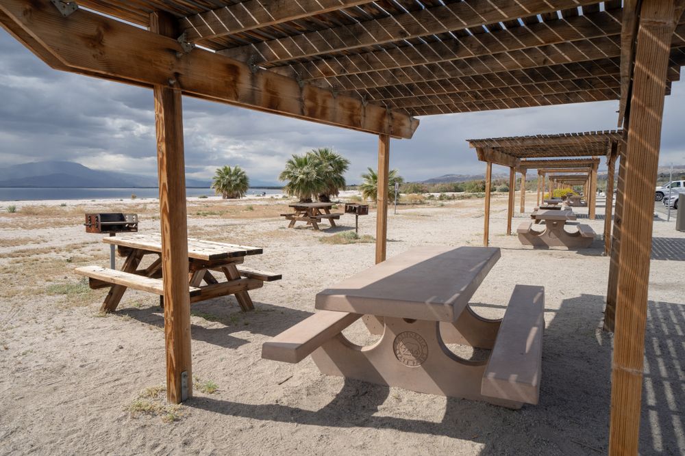 Picnic tables at Salton Sea State Recreation Area