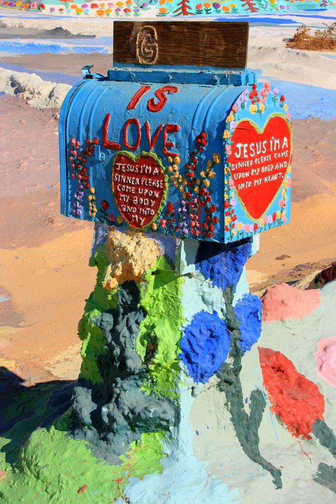 A painted mailbox at Salvation Mountain