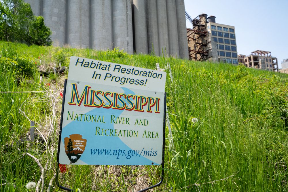 Restoration sign at Mississippi National River and Recreation Area