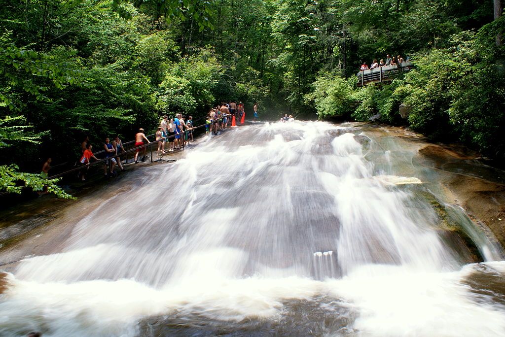 People waiting in line to slide down Sliding Rock