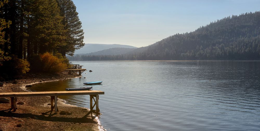 Empty kayak boats near the shore of Donner Lake