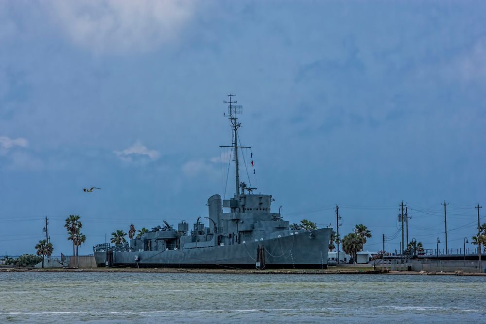 Far view of the docked Galveston Naval Museum