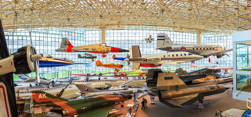 Planes hanging from the ceiling inside The Museum of Flight.