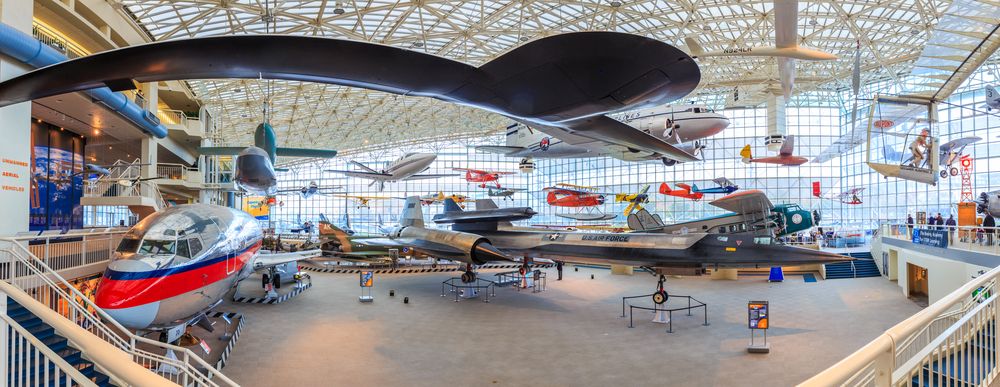 Planes hanging from the ceiling of The Museum of Flight.