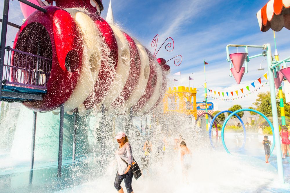 Children playing at Super Silly Fun Land's splash pad