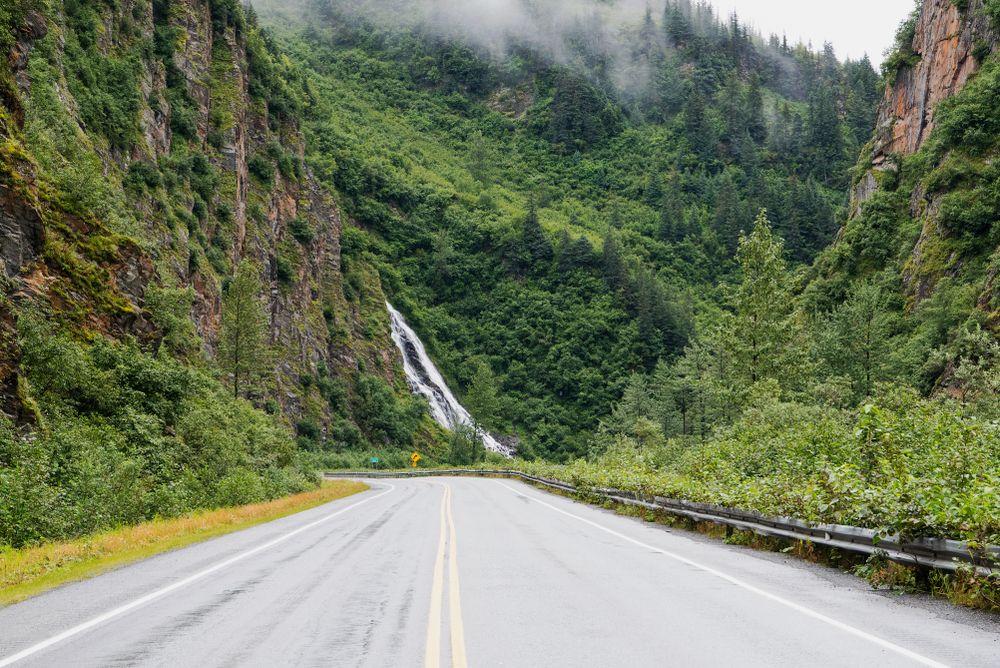 View of the horsetail falls of Keystone Canyon from the highway